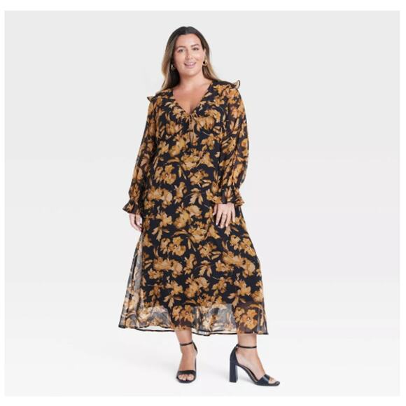 a new day Dresses & Skirts - Long Sleeve Sheer Maxi Dress -A New Day - XXL New Black/Brown Floral